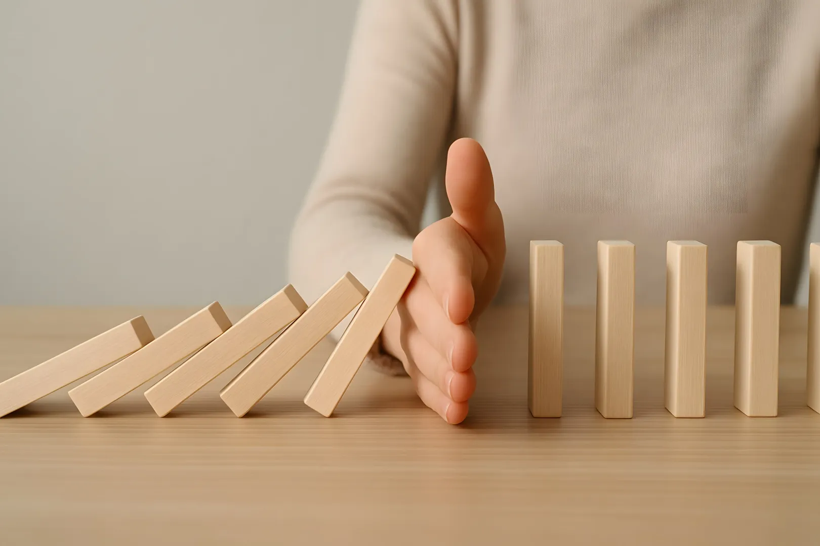 Hand stopping falling dominoes, symbolizing intervention to prevent employee turnover and workplace disruption.