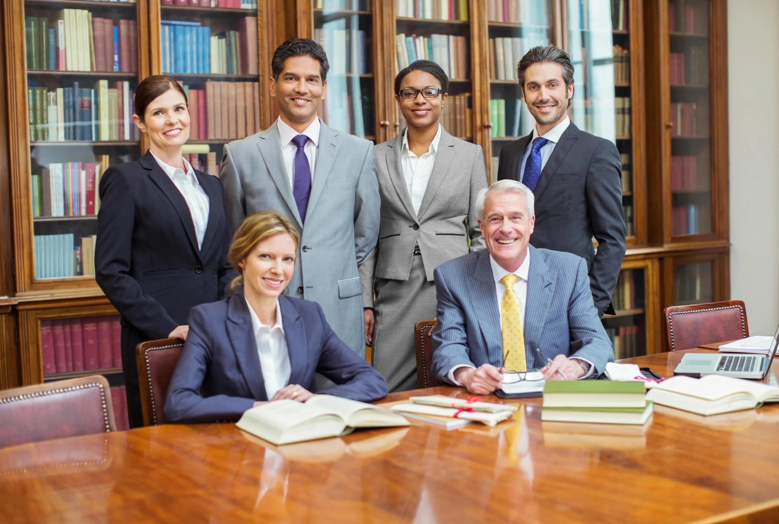 Team of legal professionals gathered around a table with open law books in a library setting.
