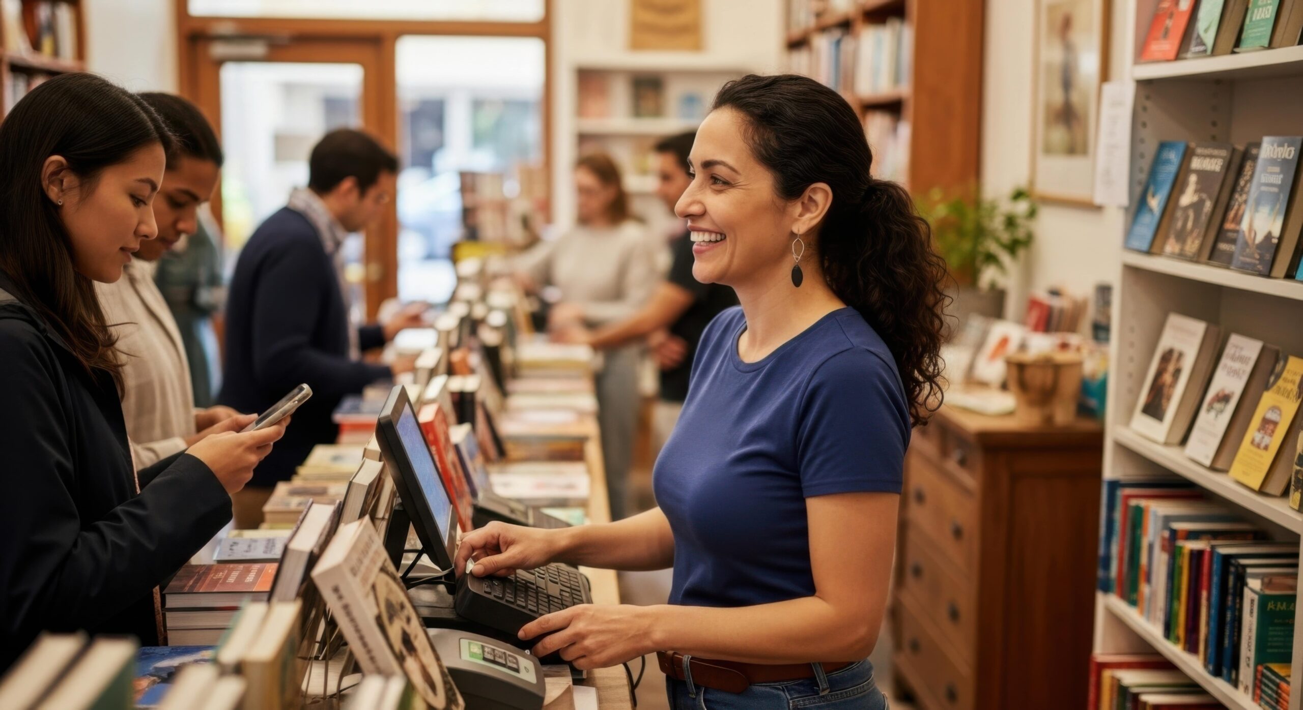 Retail employee assisting customers at a bookstore checkout counter