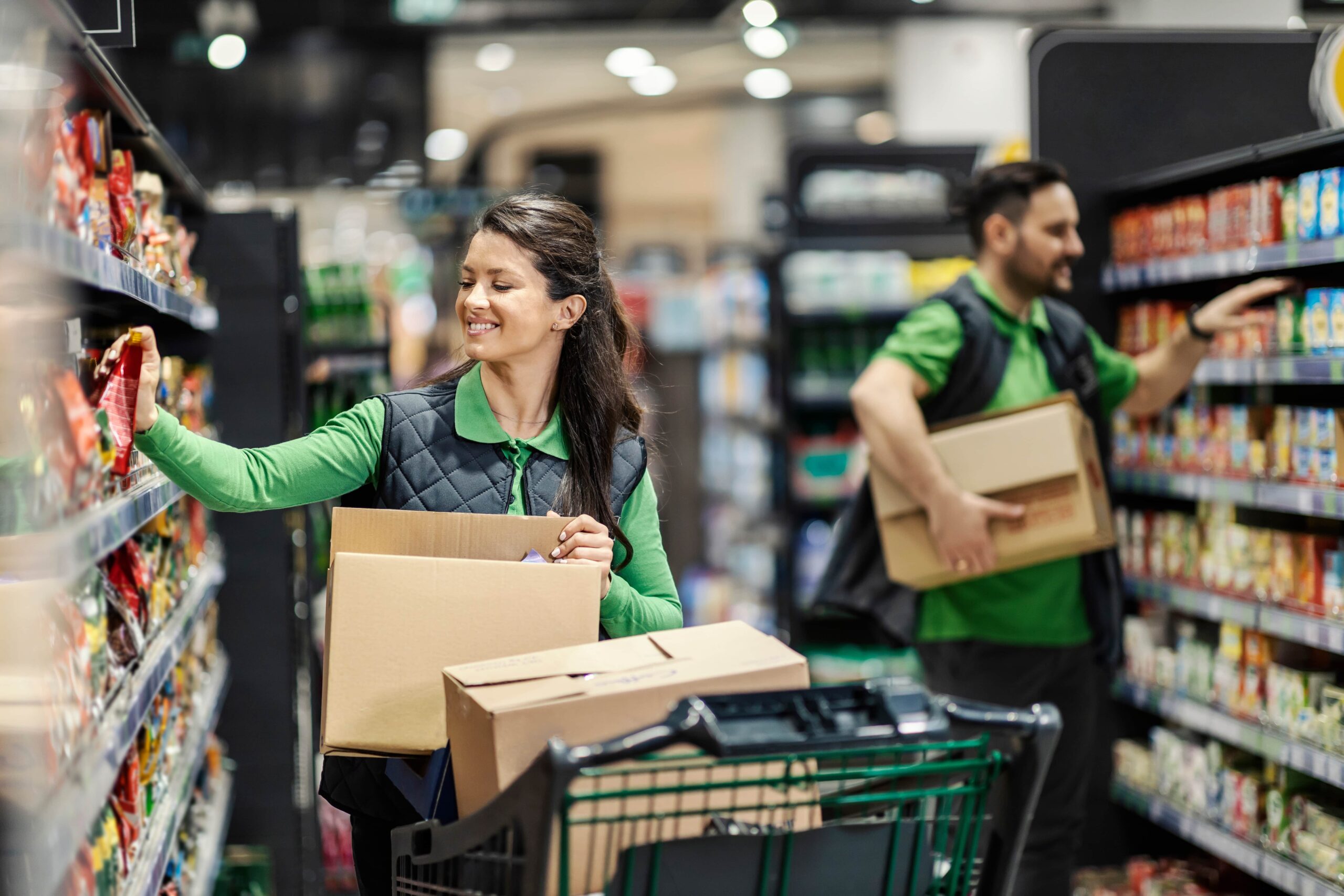 Retail staff restocking shelves in a grocery store aisle while holding boxes and using a shopping cart.