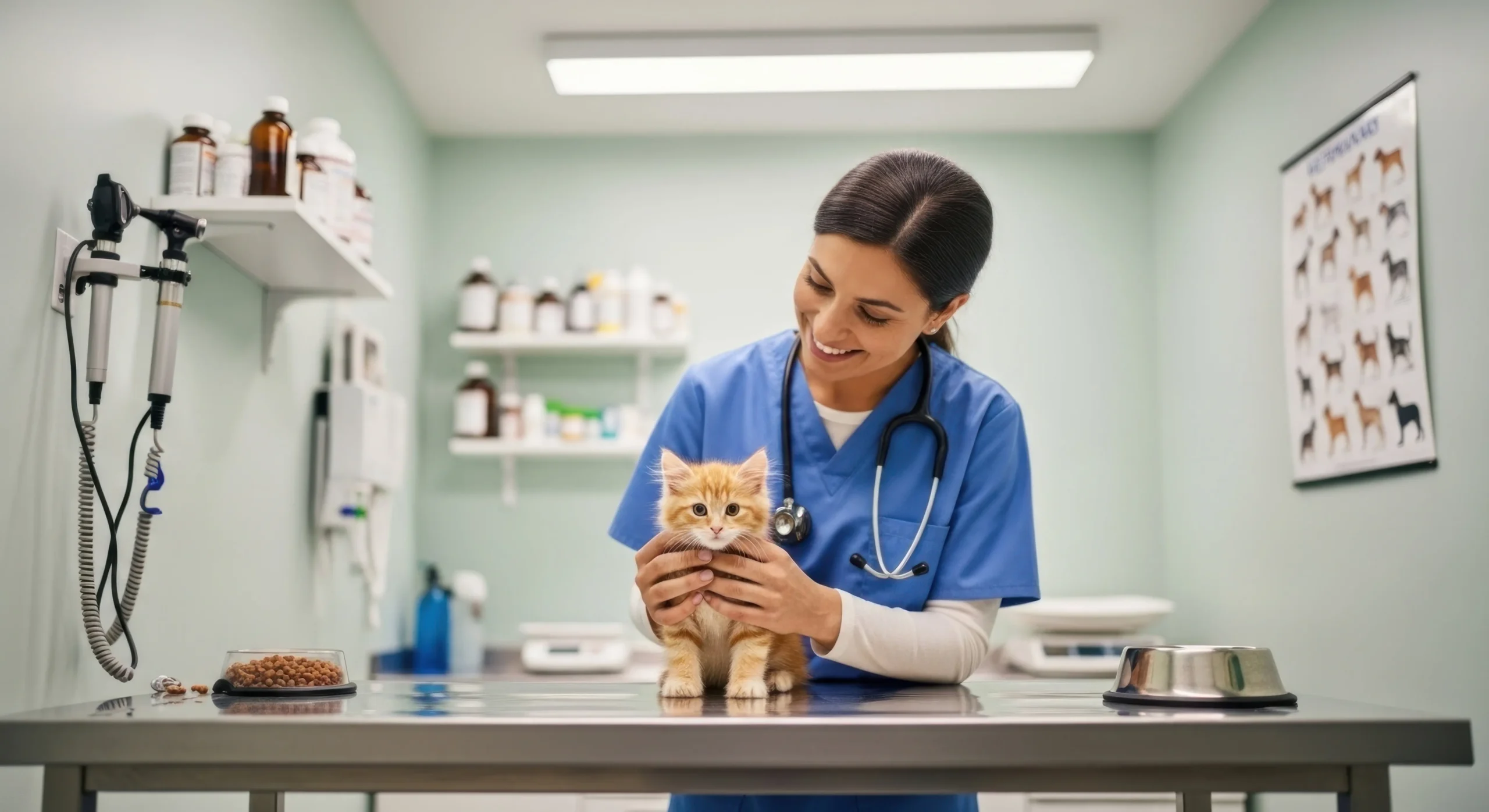 Veterinary professional examining a kitten on a clinic table
